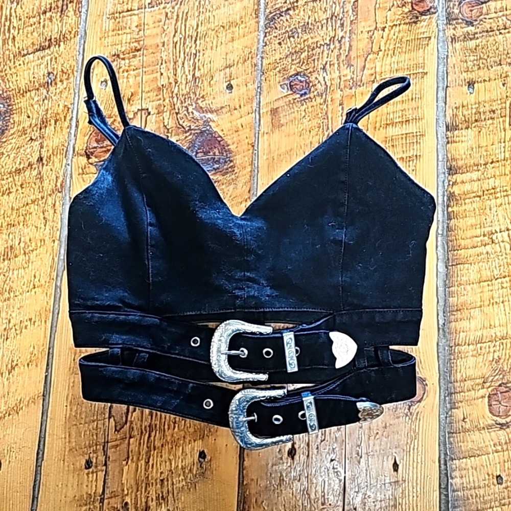 Black Denim Crop Top with Double Western Belt Buckles Size 8